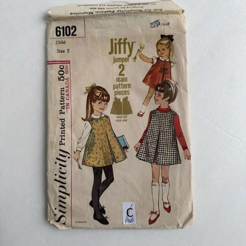 Vtg 1965 Simplicity 6102 Child's Jiffy Dress Jumper Pattern Easy Pattern Size 5